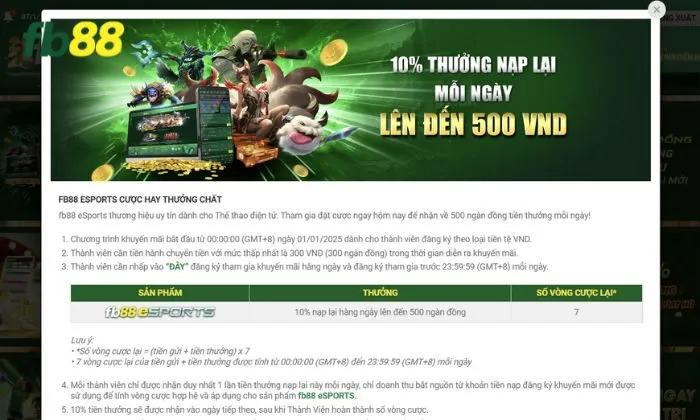 10% thưởng nạp lại mỗi ngày FB88 Thời gian và đối tượng áp dụng khuyến mãi chi tiết