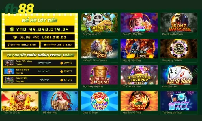 Hoàn trả mỗi ngày quay hũ FB88 Các sảnh cược slots hấp dẫn