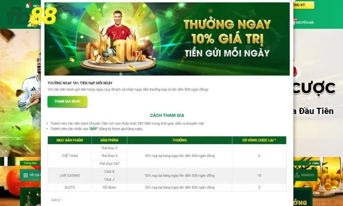 Thưởng ngay 10% giá trị tiền gửi mỗi ngày FB88 Giới thiệu chương trình thưởng 10% giá trị tiền gửi mỗi ngày FB88